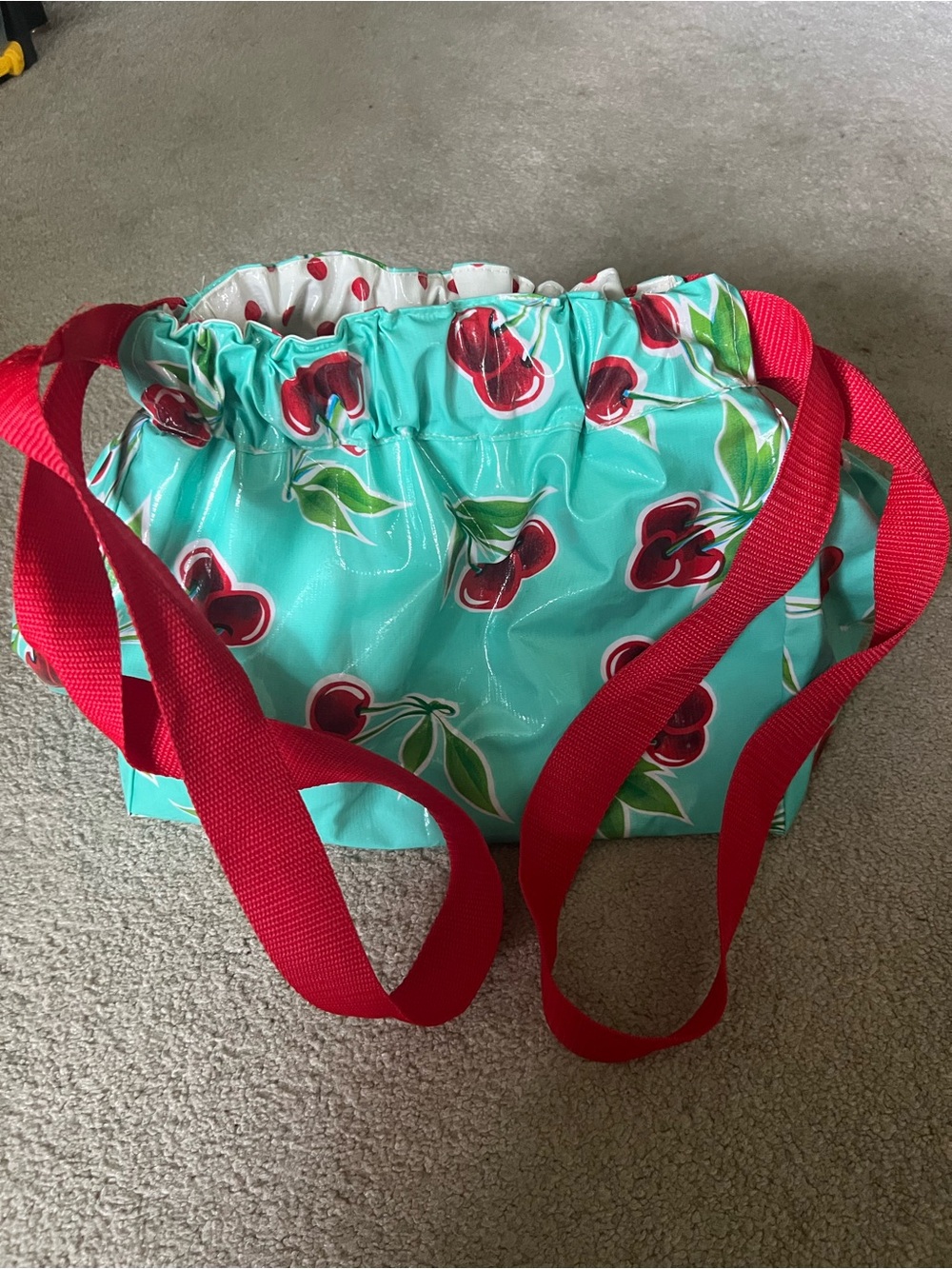 Aqua Cherry Print Drawstring Backpack with Red Straps